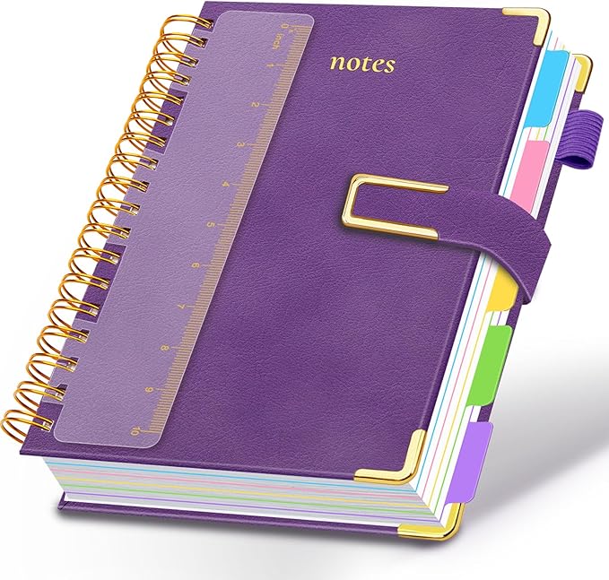 Hardcover Spiral Notebook College Ruled, 8.5"x11" Leather Journal Notebook with Magnetic Closure, 300 Pages 5 Subject Notebook with Dividers Tabs Journal for Women Men, Work, School(Purple)