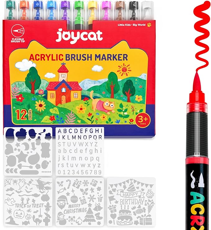 JoyCat Acrylic Paint Marker 12 Color - Intelligent Ink Control System, Brush Tip for Rock Painting, Ceramic, Wood, Canvas & Multi-Surfaces | Quick-Drying, Non-Toxic, Kid-Safe |Ideal Craft Gifts
