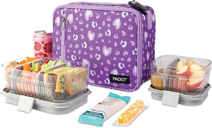 PackIt Freezable Classic Lunch Box, Leopard Hearts Purple, Built with EcoFreeze Technology, Collapsible, Reusable, Zip Closure With Front Pocket and Buckle Handle, Designed for Fresh Lunch On the Go