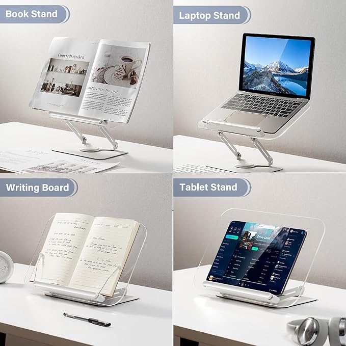 BYMECOST Acrylic Book Stand for Reading, Adjustable Book Holder with 360° Rotating Base & Elastic Page Clips, Foldable Desktop Riser Stand for Cookbook,Laptop,Tablet,Music Scores,Recipe,Textbook,Black