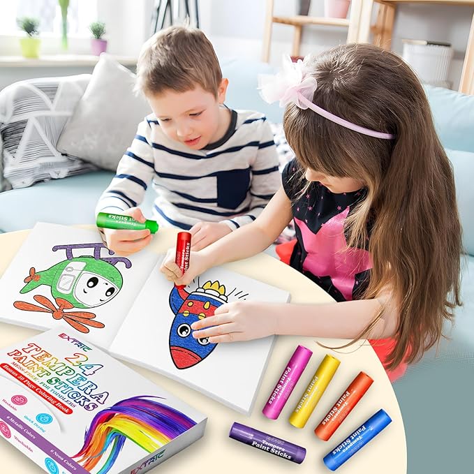 EXTRIC Tempera Paint Sticks for Kids – 24 Twist Crayons in  Vibrant Colors 12 Classic, 6 Metallic, 6 Neon | Mess Free, Quick Dry, Washable Solid Paint  kids + Bonus 50 Page Coloring Book