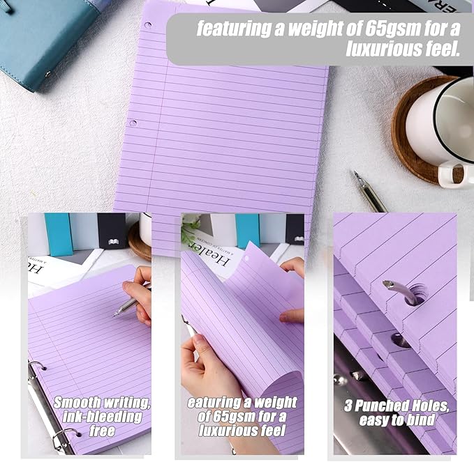 HIBOX Purple Loose Leaf Paper, 100 Sheets 8"x10.5" Colored Notebook Paper, 3-Hole Punched for 3-Ring Binders Notebook, School & College, Fights Ink Bleed, Office Planners