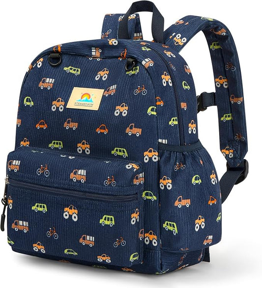 STEAMEDBUN Corduroy Toddler Backpack for Boys 2-4: Kids backpack for Boys Girls - 12 inch Preschool Kindergarten Backpacks - Car