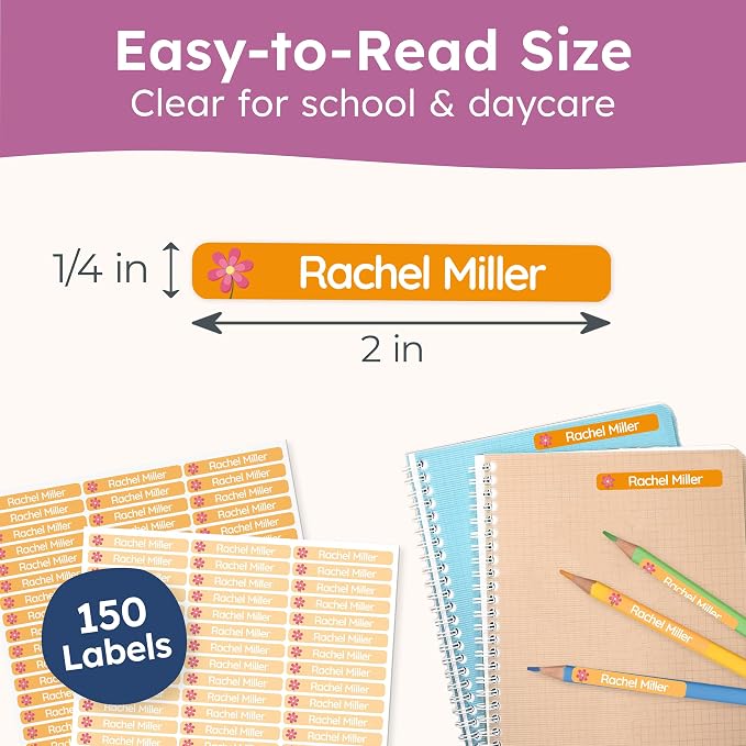 Personalized Kids Name Labels for Pencils Orange [150pcs] - Waterproof Name Stickers for School & Daycare - Pencil Custom Name Stickers - Children Name Stick On Labels for Pens (2.0”x0.3”)