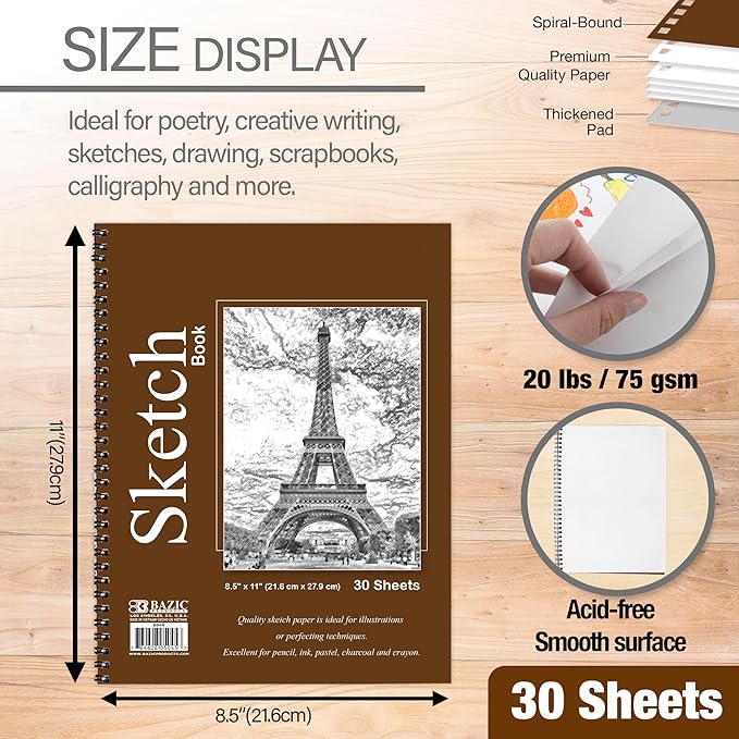 BAZIC Sketch Book 30 Ct. 8.5" X 11", Spiral Side Bound Sketchbook Drawing Pads, Sketching Paper Coloring Book for Artist Kids School, 1-Pack