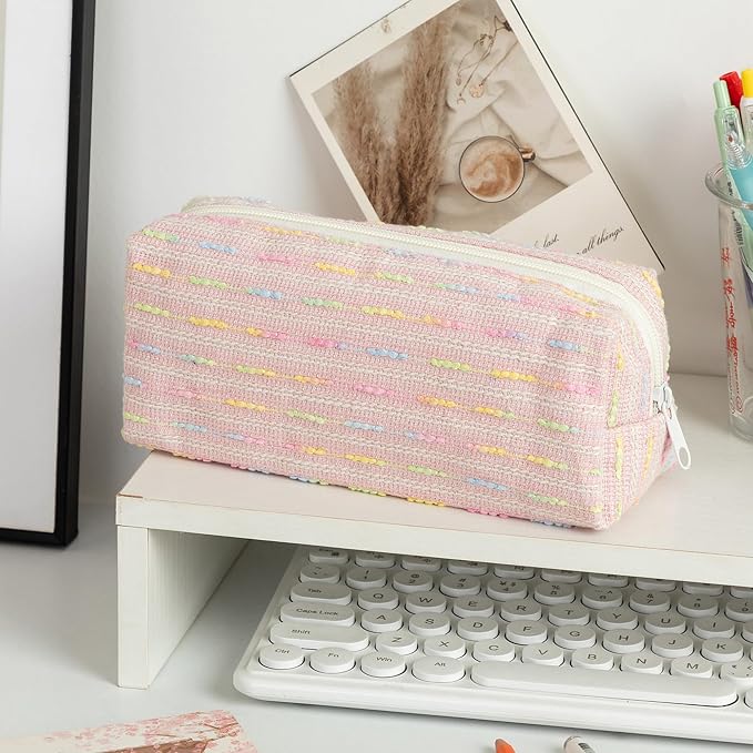 Cute Striped Pencil Case for Girls Large Capacity Aesthetic Pen Pouch with Zipper Stationery Organizer Bag for School Office Durable Pencil Box for Teens Students Women Kids (Square-Pink)