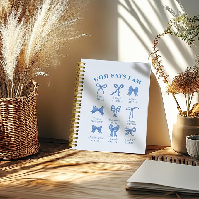 Bible Journal for Women, Christian Prayer Journal Blue Notebook Gifts For Teen Girls Kids, Bible Study Supplies, Coquette Preppy Blue Bows Cute Church Faith Journaling Hardcover Spiral Notebook 5.5 X 8.3