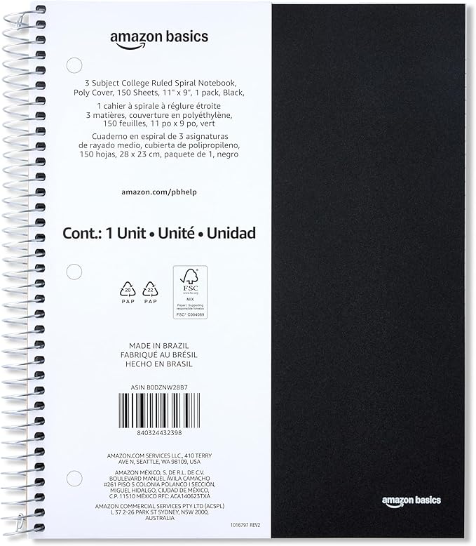 Amazon Basics College-Ruled 3-Subject Spiral Notebook, 150 Sheets, 8.5 x 11 inches, Black