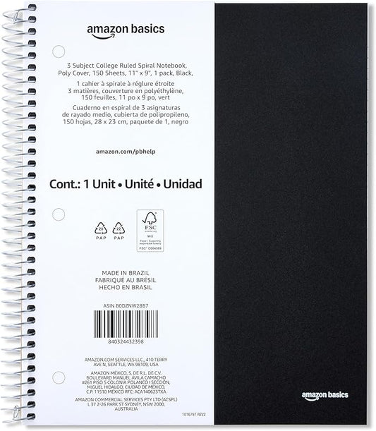 Amazon Basics College-Ruled 3-Subject Spiral Notebook, 150 Sheets, 8.5 x 11 inches, Black