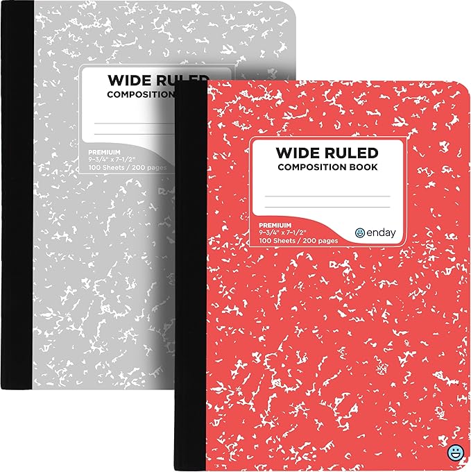 Enday Composition Notebooks Wide Ruled Paper, Colored Marble Composition Notebook Covers, 100 Sheets (200 pages) Composition Books, Marble Notebooks Wide Ruled For School, Red And Grey, 2 Pack