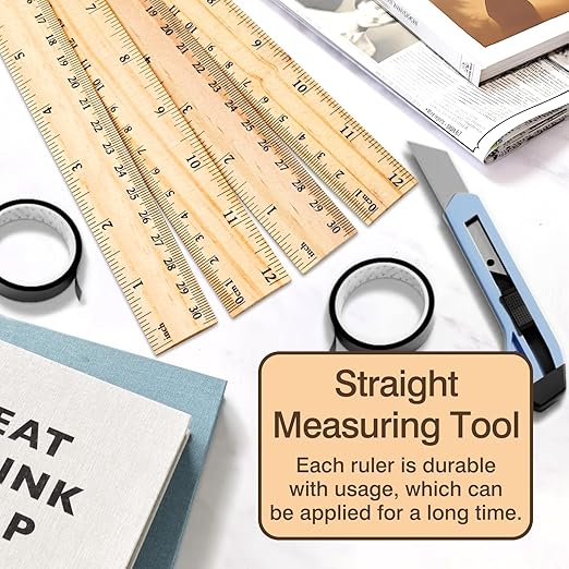 4-Pack Wooden Measuring Rulers – 12 Inch / 30 cm Dual-Sided Wood Ruler Set for Students, Teachers, Office & School Use