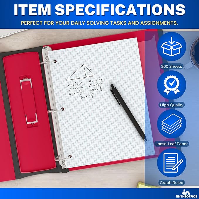 1InTheOffice Graph Paper Loose Leaf, Graph Ruled Filler Paper, 8.5 x 11, 200 Sheets/Pack, White