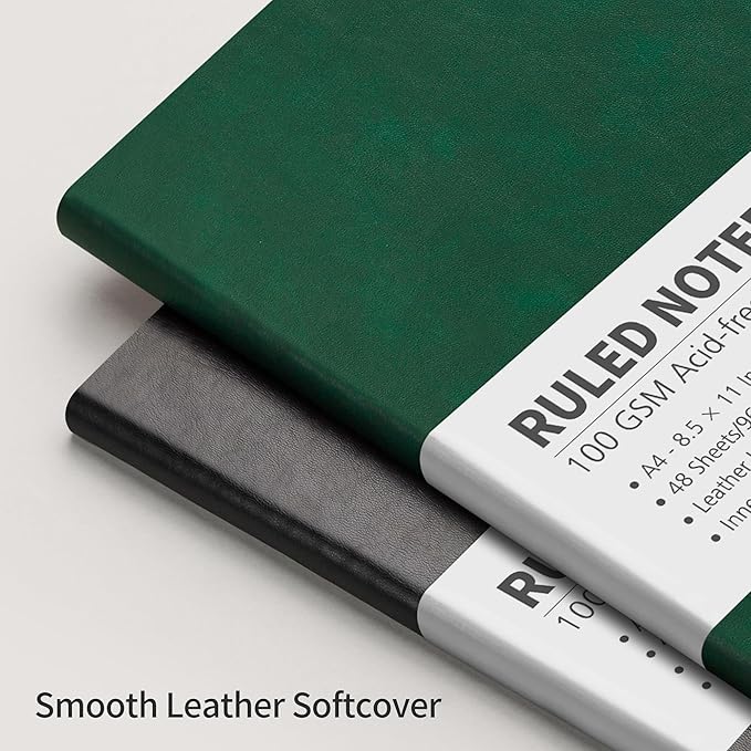 RETTACY Lined Journal Notebook, 96 Numbered Pages, A4 Large Size (8.5'' x 11''), for Men & Women, Journaling, Writing, Work & Office, Leather Softcover, 100 GSM Thick Paper (Dark Green)