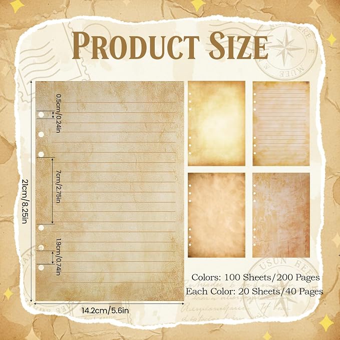 100 Sheets Vintage A5 Refills Papers for Planner Insert Binder, 120GSM Thick Antique Retro Notebook Fillers, Aged Look 6 Hole Loose Leaf Papers for Old Fashion A5 6 Ring Binder Journal Diary Budget