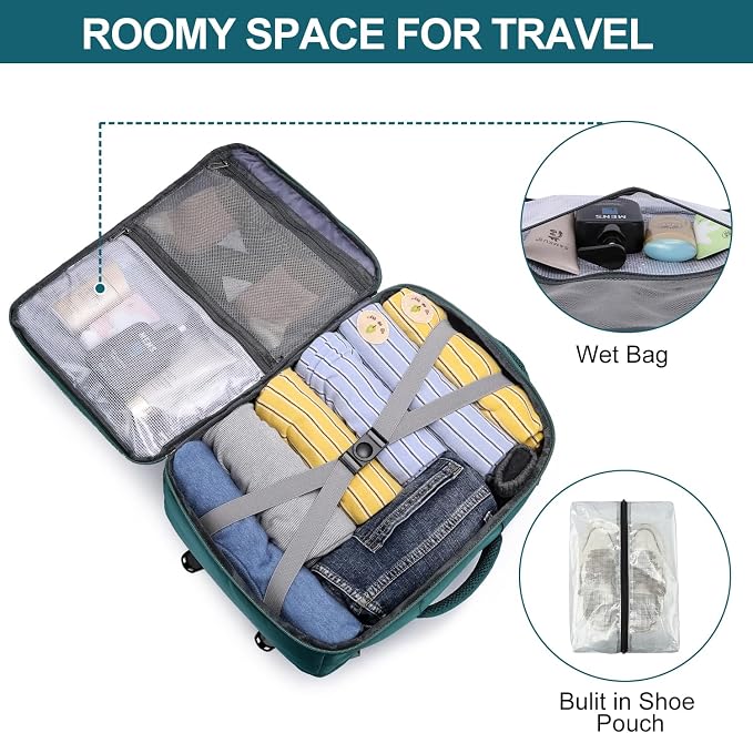 EZUOLA Carry On Backpack, 25l Travel Backpack for Women Flight Approved,Underseat Personal Item Travel Bag With Shoe Compartment, Laptop Backpack for Weekend Business College,Gifts,Green
