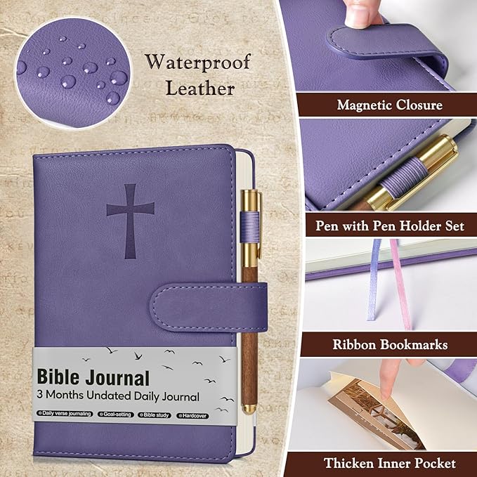 Leather Christian Bible Journal for Women, Prayer Journal for Scripture Study, Daily Devotional, Undated Church Notes Notebook, Jesus Religious Faith Gift for Pastor, Graduation, Baptism, Lavender