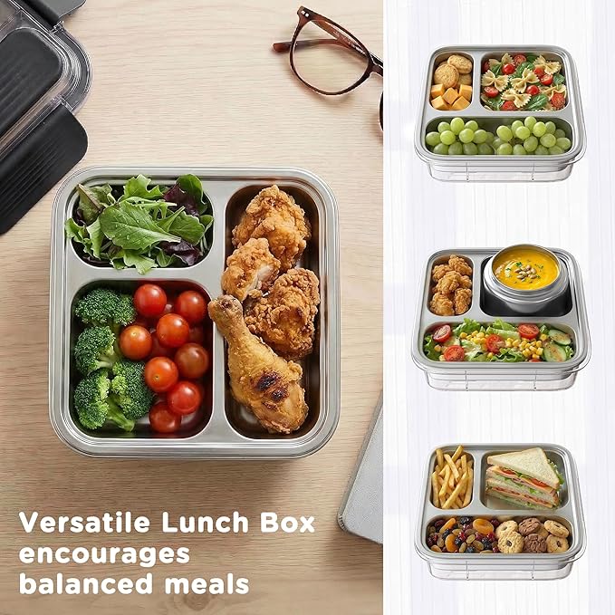 Stainless Steel Bento Lunch Box for Kids Adults with 8oz Insulated Food Jar,Ice Pack,Leak-proof,Dishwasher-Safe,Transparent Lid with Sauce Cup and Cutlery Storage for School & Travel,BPA-Free(Black)