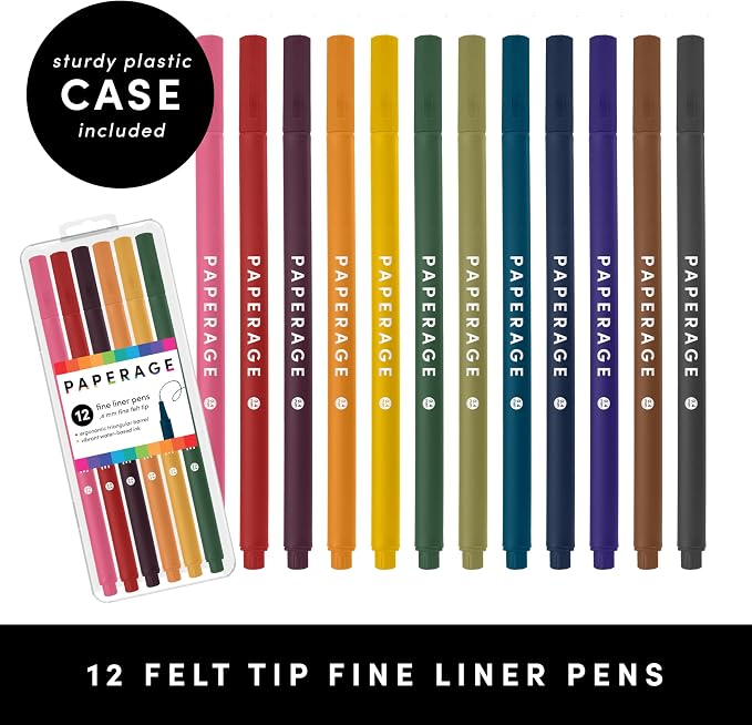 PAPERAGE Felt Tip Fine Point Pens (0.4mm), 12 Pack, Pens For Journaling, Notebooks, Planners, Calendars & Drawing, Great for School, Office, & Home (Earth Tone)