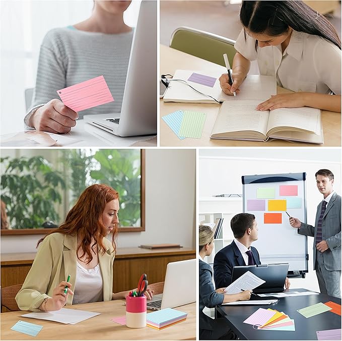 JUNART 300 pcs Index Cards(6 Colours × 50 Pages) with 6 Binder Rings, Perforated Colourful Flash Cards for Study Notes, Office, Home, etc