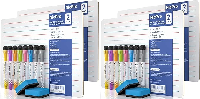 Nicpro Dry Erase Lap Board 9 x 12 inches 4 Pack Ruled Kid Double Sided Blank & Lined Small Lapboard with 8 Pens, 2 Eraser, Learning Mini Whiteboard Portable for Student and Classroom Use