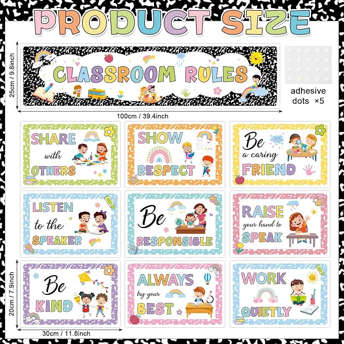 Classroom Rules Bulletin Board Set Colorful Composition Notebook Classroom Rules Paper Cutouts Motivational Educational Behavior Posters Wall Decor for Back to School Wall Door Decor Teacher Supplies
