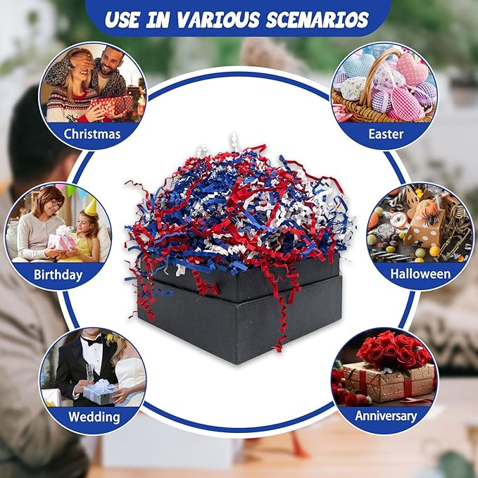 Tisspoms 1LB Red White Blue Crinkle Cut Paper Shred Filler, Paper Shreds for Basket Fillers, Birthday, Gift Wrapping, Fourth of July Independence Day Gift Decor Party Filler
