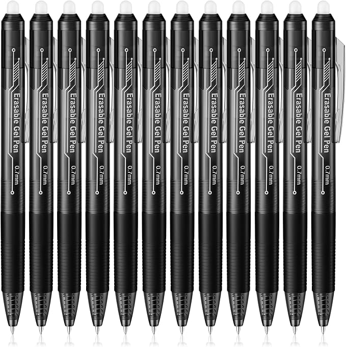 sunacme Retractable Erasable Gel Pens, 12 Solid Black Fine Point Erasable Pens Clicker, Make Mistakes Disappear, Perfect for Drawing, Writing, Planner & Crossword Puzzles (0.7mm, Pack of 12)