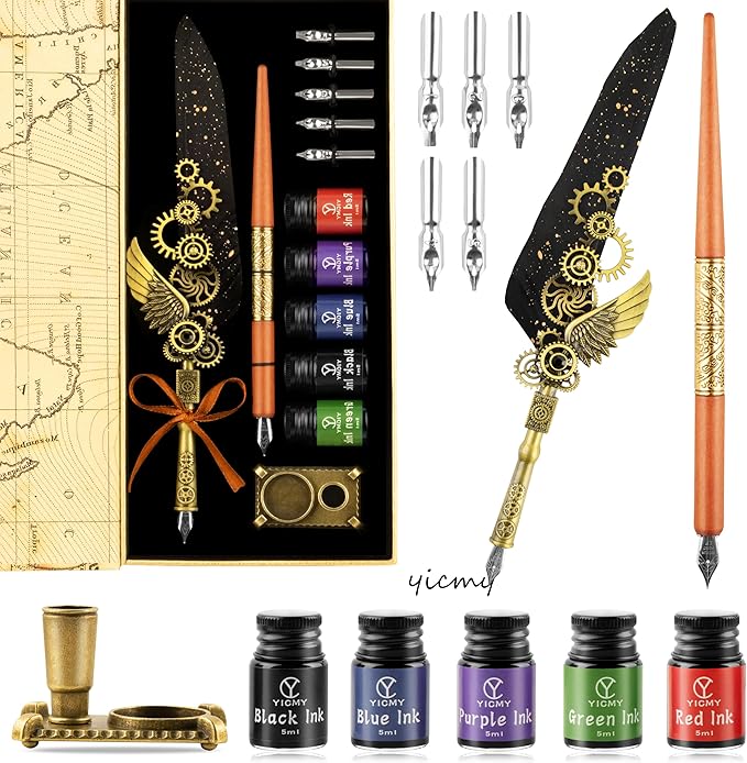 Feather Pen and Ink Set Calligraphy Kit for Beginners with Quill Pen, Antique Vintage Stationary Set for Writing, Signing & Hand Lettering Art(Black feather)