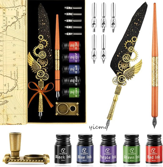 Feather Pen and Ink Set Calligraphy Kit for Beginners with Quill Pen, Antique Vintage Stationary Set for Writing, Signing & Hand Lettering Art(Black feather)