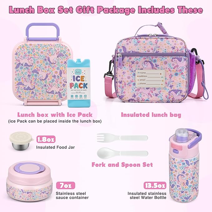 Bento Lunch Box for Kids with 7oz Soup Thermo,Insulated Stainless Steel Kids Water Bottle with Straw and Insulated Lunch Bag,Leak-Proof Lunch Food Container with Ice Pack for School (Pink-Horse)