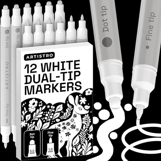 ARTISTRO 12 White Precision Dual-Tip Acrylic Paint Markers – Paint Pens Set with Dot & Fine Tips for Fabric, Rock, Glass, Wood, Coloring Books – Classroom & Art Supplies Gift Teacher Appreciation Gift