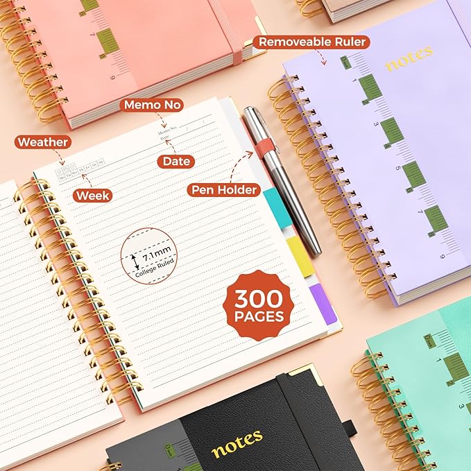 Line Hardcover Spiral Notebook with Removable Dividers Tabs & Ruler, 5 Subject Notebook College Ruled, 300 Page, Large 8"x10" B5 Notebooks for Work School, Lined Journal for Women & Men, Light Purple