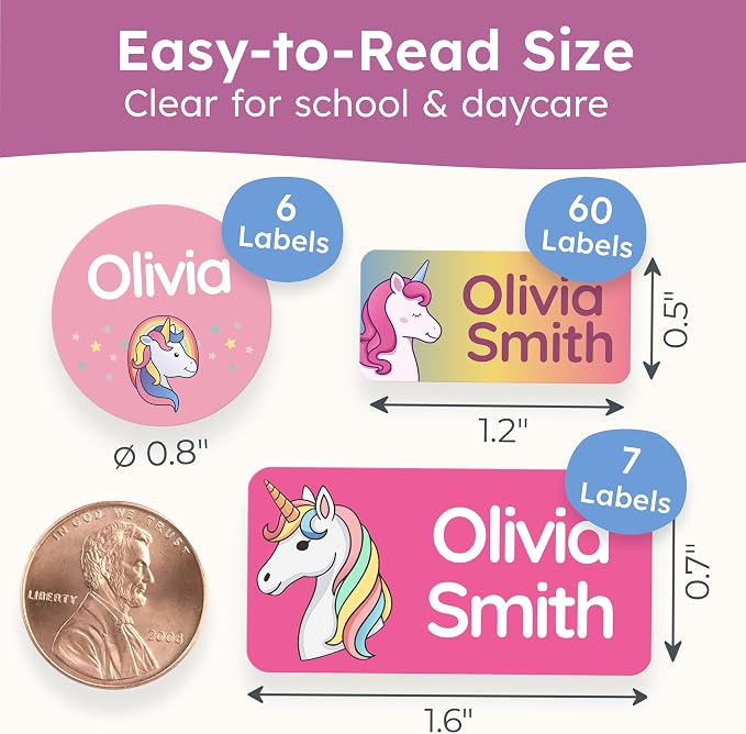 Personalized Daycare Name Labels for Kids [70pcs, Dreamy Unicorns] - Waterproof Name Stickers for School, Baby Bottles & Clothing - Custom Name Stickers - Washable Stick On Labels (Various Sizes) | Self Adhesive and Machine Washable Labels for Nursery ...