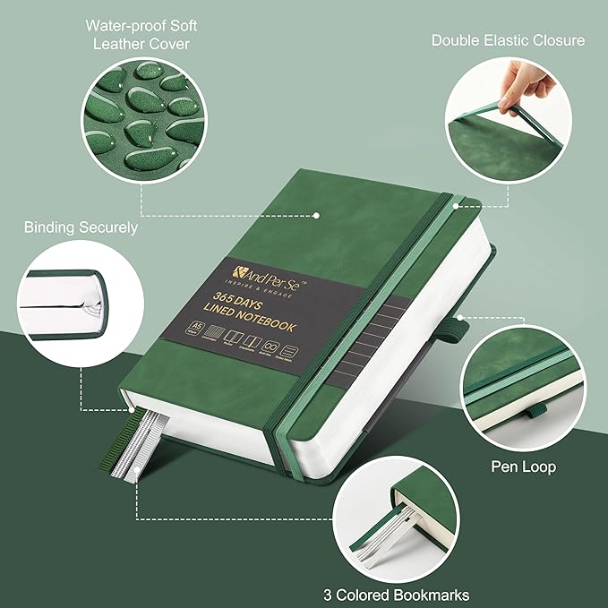 &And Per Se 365 Page Journal – A5 Hardcover Lined Notebook, One Book for the Whole Year, 100gsm Thick Paper, Numbered Pages & 3 Bookmarks, Annual Diary for Daily Writing (Green)