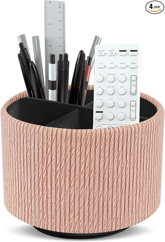 Round Leather Art Supply Organizer,Remote Control Holder,360 Degree Spinning,Multi-Functional Pencil Holder,4 Compartments Desktop Stationary Organizer(1-Wood Apricot)