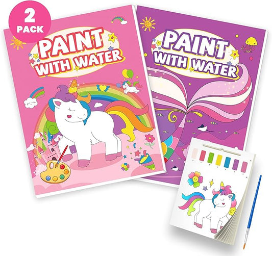 Gocozer 2PCS Paint with Water Books for Kids, Unicorn & Mermaid Watercolor Paint Book Set for Kids,Toddlers Water Color Coloring Painting Drawing Set,Mess Free Toys Gifts for Girls Age 3 4 5 6 7 8