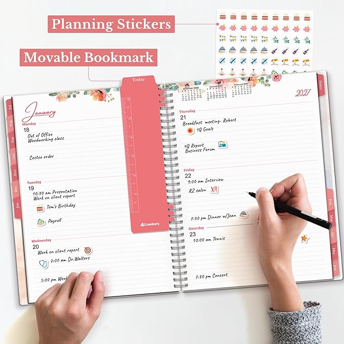 CRANBURY Planner 2026-2027 8.5x11, Academic Year Monthly and Weekly Calendar Planner, Jul 2026 - Jun 2027, Floral Daily Agenda, Monthly Tabs, Movable Bookmark, Stickers