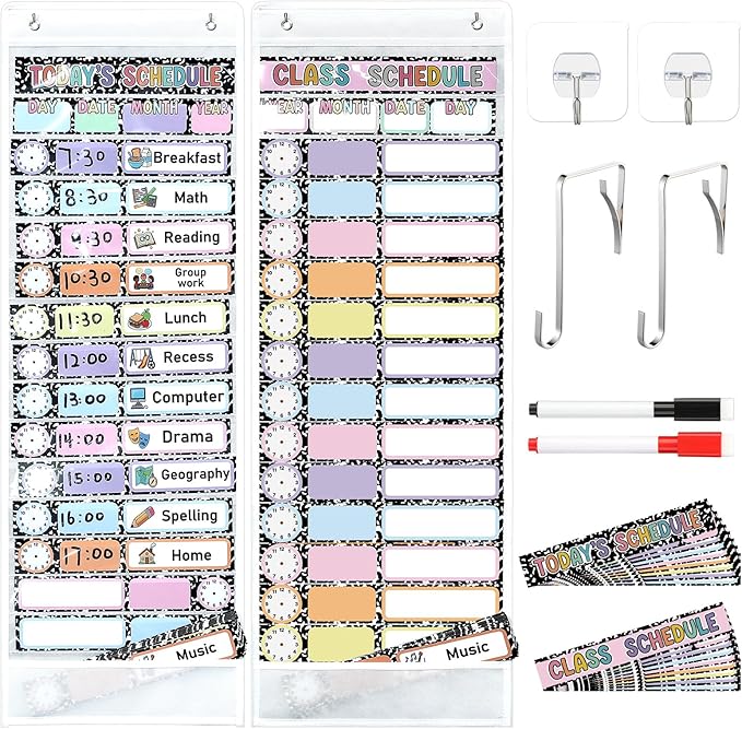 Gueevin Daily Schedule Pocket Chart for Classroom, 15+1 Pockets with 32 Pcs Double-Sided Reusable Cards Daily Schedule Pocket Chart Decor for Classroom School Home Activity Office Supplies (Notebook)