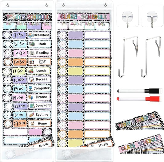 Gueevin Daily Schedule Pocket Chart for Classroom, 15+1 Pockets with 32 Pcs Double-Sided Reusable Cards Daily Schedule Pocket Chart Decor for Classroom School Home Activity Office Supplies (Notebook)