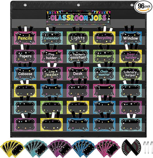 Qeeenar Classroom Jobs Pocket Chart with 96 Cards and 3 Hooks Class Management Educational Schedule for Teacher Back to School Supplies(Blackboard)