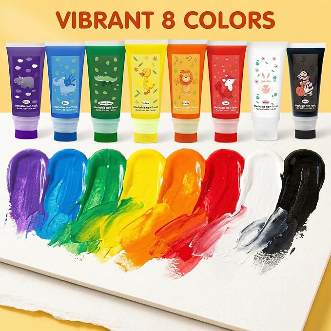 Washable Finger Paint with a Sponge Head, 8 Colors (1.69fl oz/Tube) Non-Toxic, Toddler Painting Set for Kids Boys Girls Gifts, Hand-Painted DIY, Ages 1-3 4 5 6+