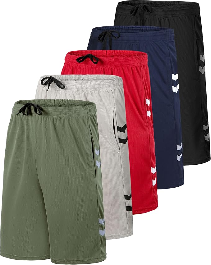 Real Essentials 5 Pack: Boys' Mesh Basketball Athletic Shorts with Pockets – Teen Kids Youth Quick Dry Soccer Running Gym