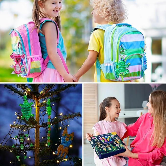 Pony Beads Kit for Keychain Making, Glow in the Dark Bead Pets for Kids Beginners，Includes Instructions for 25 Animal Designs and Storage Box, Kids Craft Kit for Rainy Day Group and Family Activities