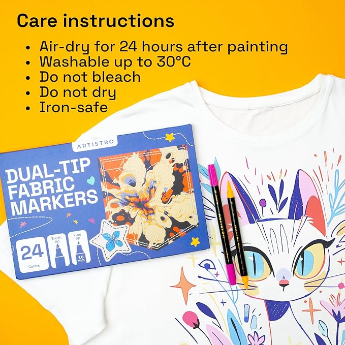ARTISTRO 24 Dual-Tip Fabric Markers - Fabric Decorating Kit - Permanent for Clothes - Acrylic Paint Pens for Sneakers, Bags, Shoes, Textile, Canvas, Sewing, Craft, DIY - Brush and Fine Tip