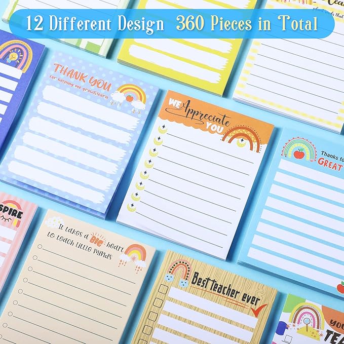 Pajean 12 Pcs End of Year Teacher Gifts Teacher Appreciation Notepad Gift Sets Lined Notepads to Do List Memo Notepads for Graduation Present Colored Cute Sticky Paper Notes Supplies(Rainbow Style)