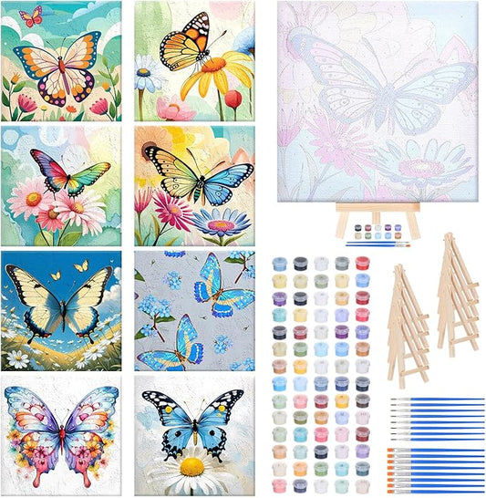 RoundFunny 8 Set Paint by Numbers Kit for Adults with 8x8 Inch Mini Simple Painting Canvas Wooden Frame Easel Acrylic Paints Brushes Funny Numbers Drawing Kit for Gift Home Wall Decor(Classic Flutter)