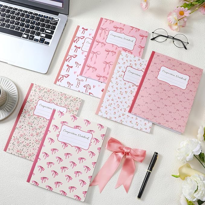 Fullhawl 6 Pack Composition Notebook College Ruled Bulk Pink Bow Composition Notebook Preppy Aesthetic for Back to School Supplies 110 Pages 9-3/4 x 7-1/2" Cute Journal for First Day of School Office