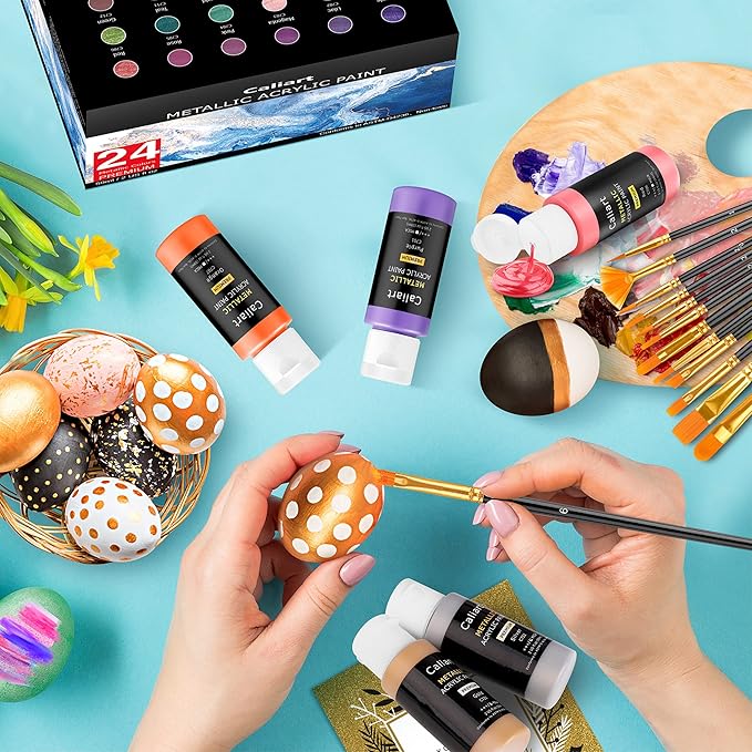 Caliart Acrylic Paint Set with 12 Brushes, 24 Metallic Colors (59ml, 2oz) Art Craft Paints for Adults Artists Beginners Painters, Canvas Halloween Pumpkin Ceramic Wood Rock Painting Kit Art Supplies