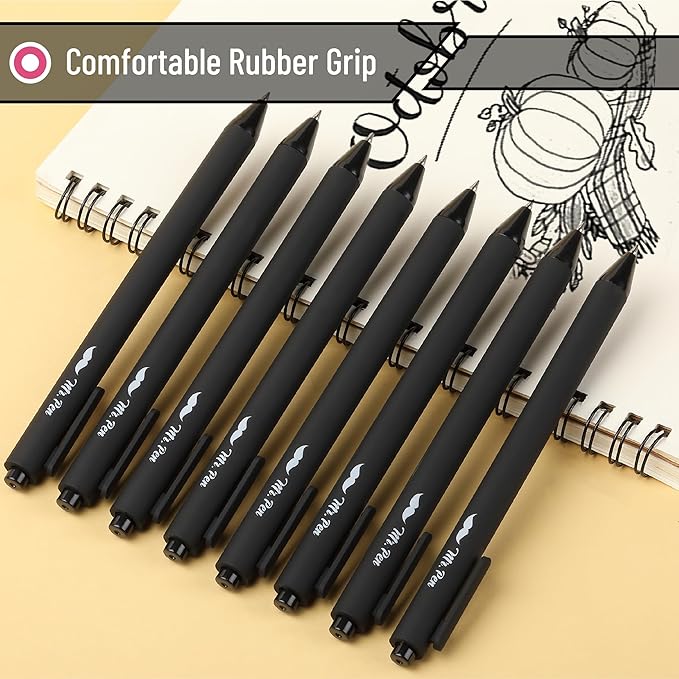 Mr. Pen- Retractable Gel Pens, 8 Pack, Black Ink, Black Barrels, Fine Point 0.5 mm, Fast Dry, Smooth Writing, Cute Pens for Drawing, Writing Planner and School Supplies