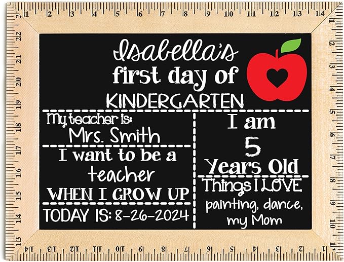 First Day of School Sign (15"x11.5"), Real Wooden Ruler Frame, Reusable Chalkboard- Easy-to-Clean, Handmade in USA by Bloom Owl, Perfect for Back to School, First Day of Kindergarten or Preschool